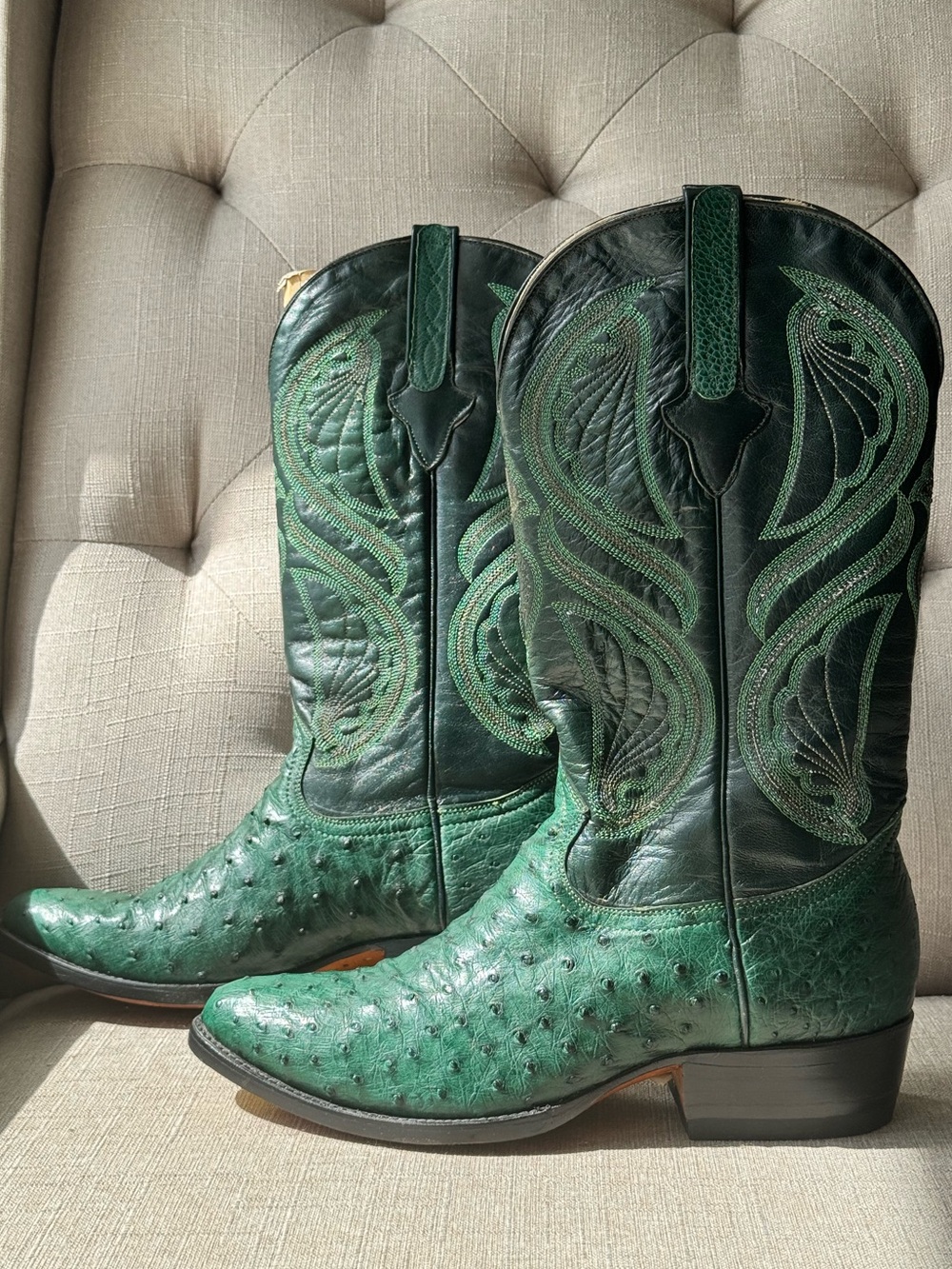 Cuadra Men’s Green Full Quill Ostrich Western Cowboy Boots Size 8 Leather Sole